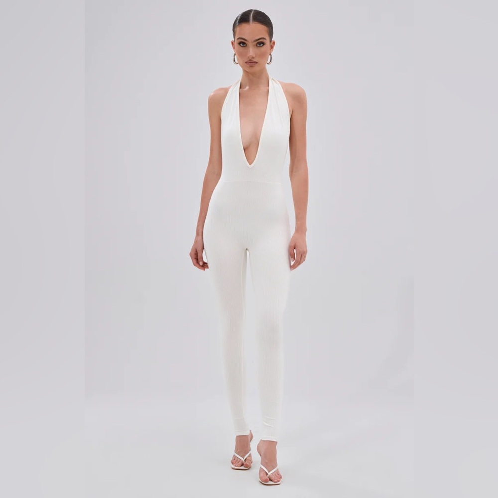 White Plunge Neck Halter Jumpsuit